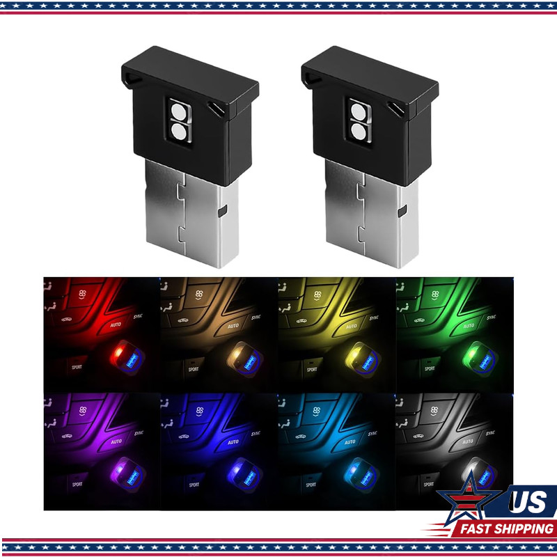 Mini USB LED Car Light, 2PCS 8-Color Type Plug-in Atmosphere Lamp Adjustable