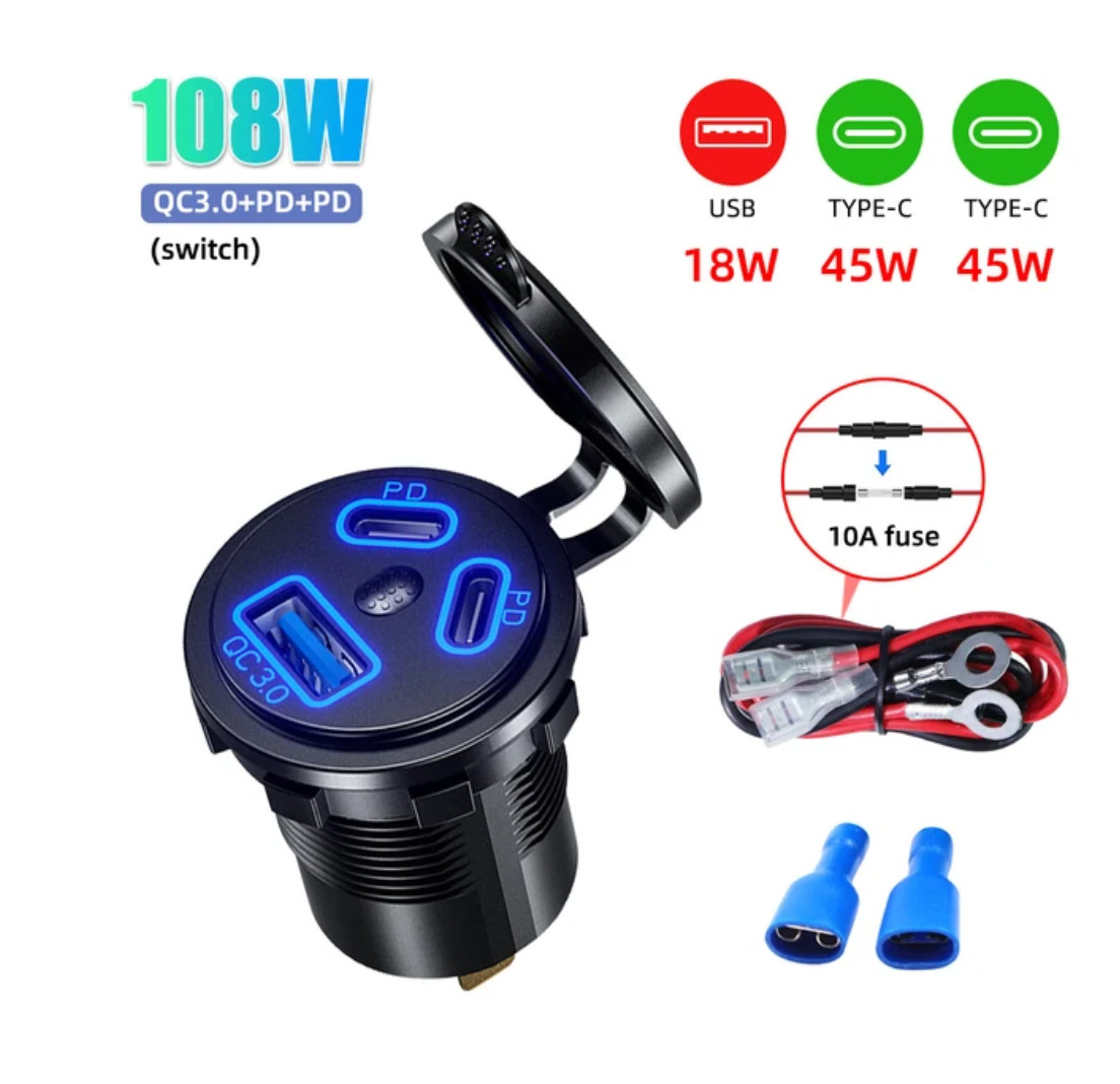 3 Ports Motorcycle Charger Socket Power Outlet Adapter W/Wire For Apple iPhone