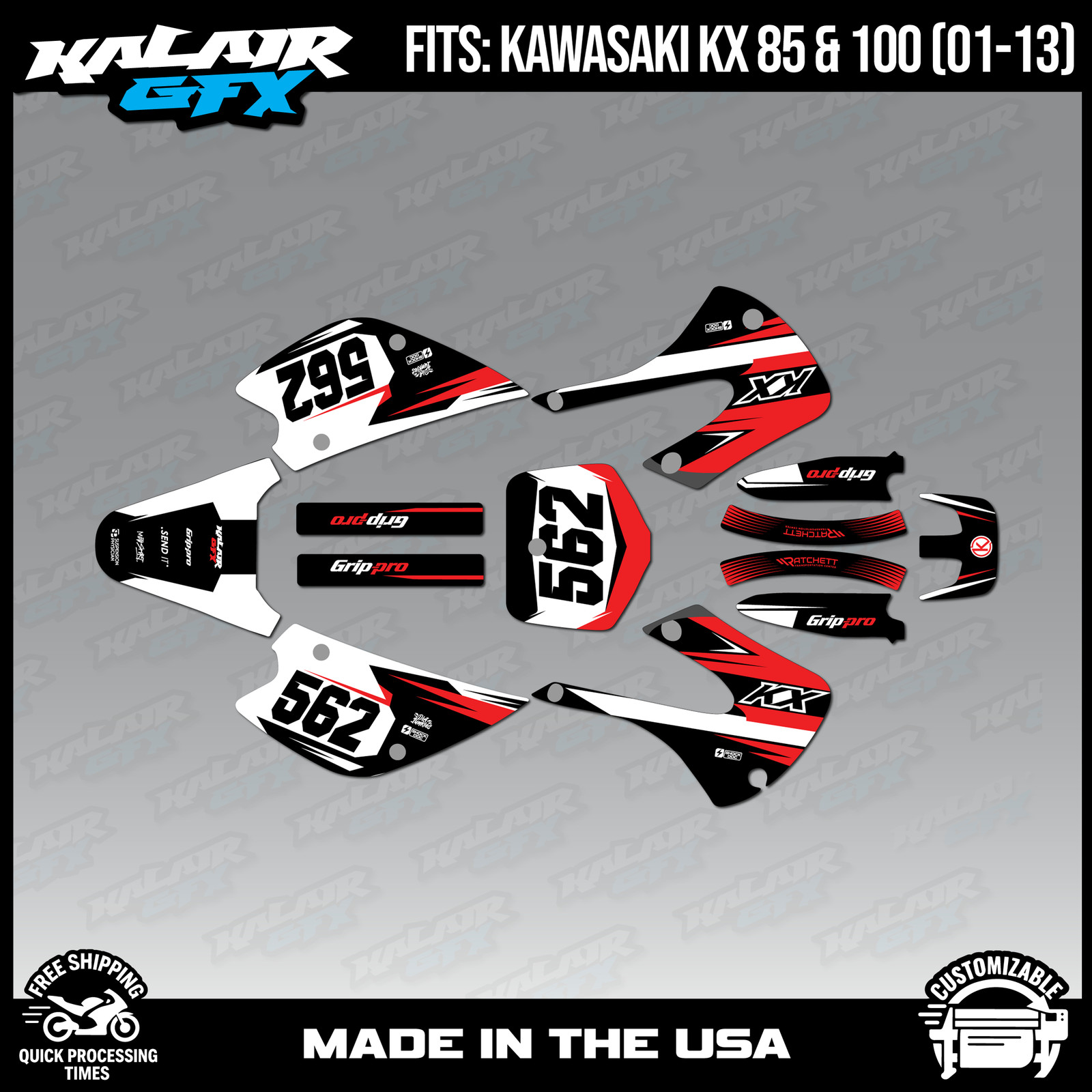 Kalair GFX Graphics Kit for Kawasaki KX85 KX100 (2001-2013) Quantum- Red