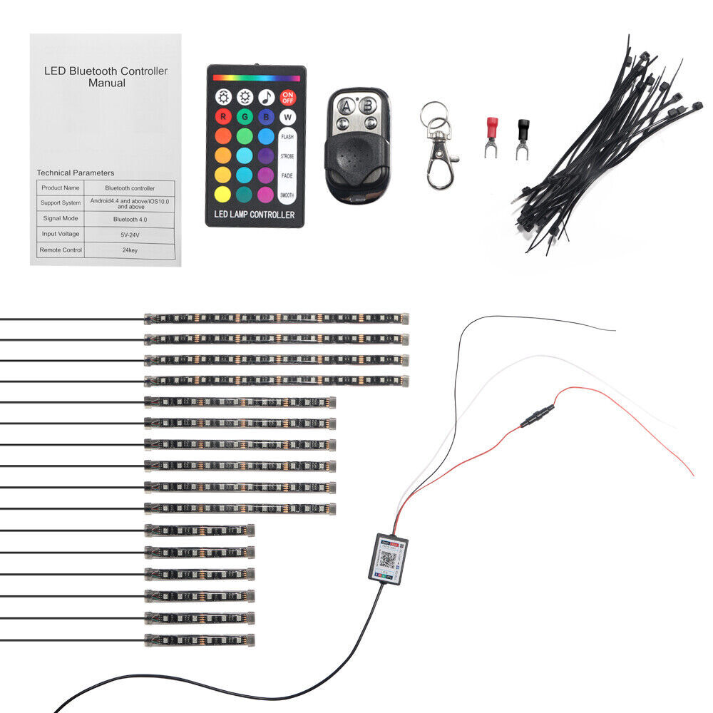 16PCS Motorcycle RGB LED Strip Light Under Glow Neon Kit Bluetooth APP Control
