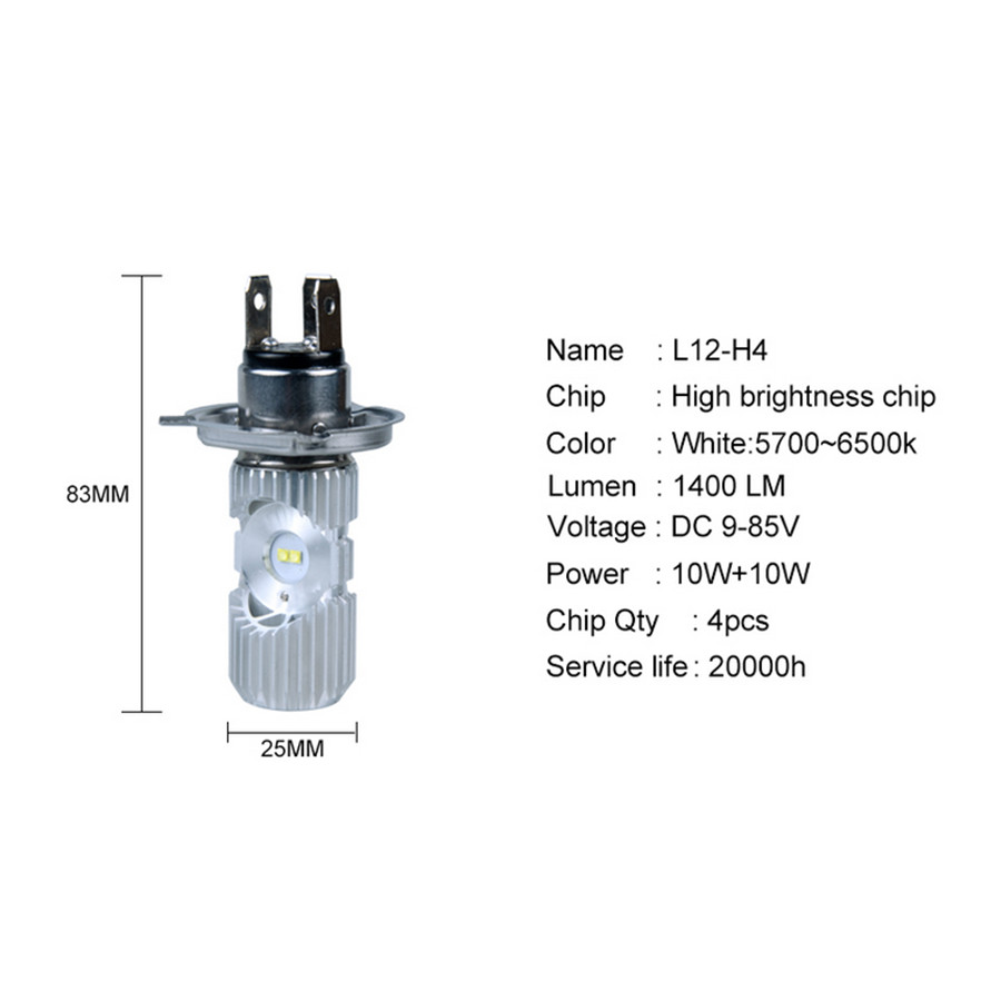 H4 LED Front Light Bulb Headlight Hi/Lo Beam 6000K Bright For Motorcycle 20W