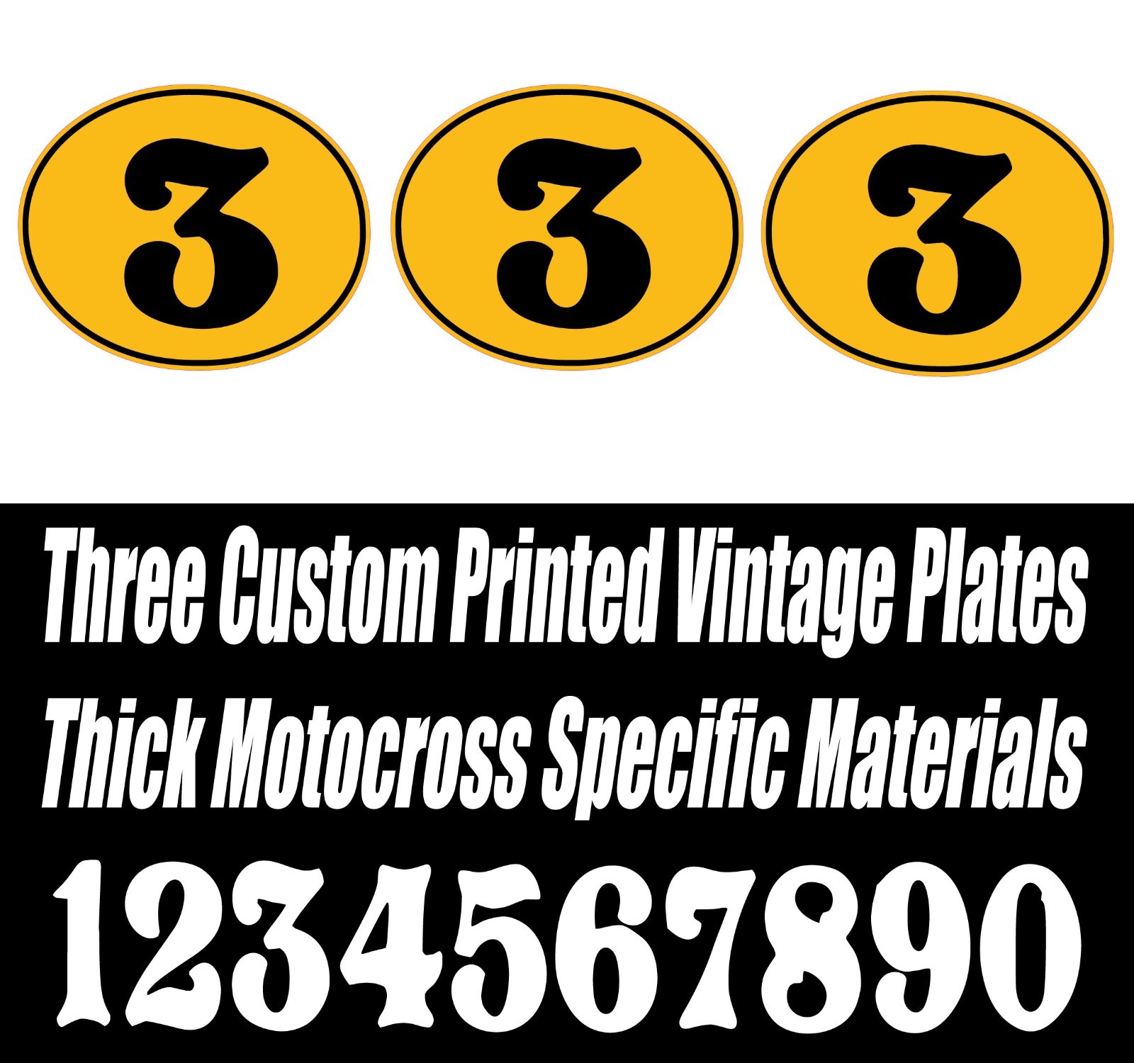 SET OF 3 YELLOW and BLACK VINTAGE MOTOCROSS CUSTOM PRINTED OVAL NUMBER PLATE