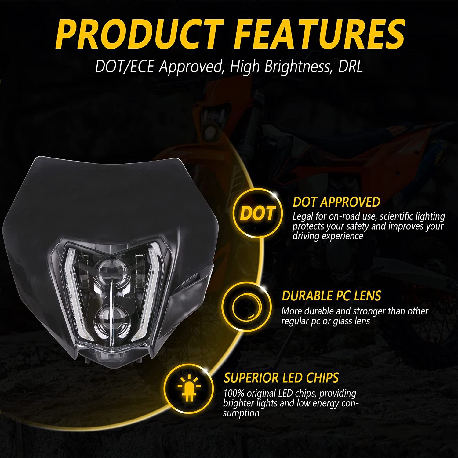LED Headlight High Low Beam with Black Fairing For KTM 250 350 450 501 SMC R 690
