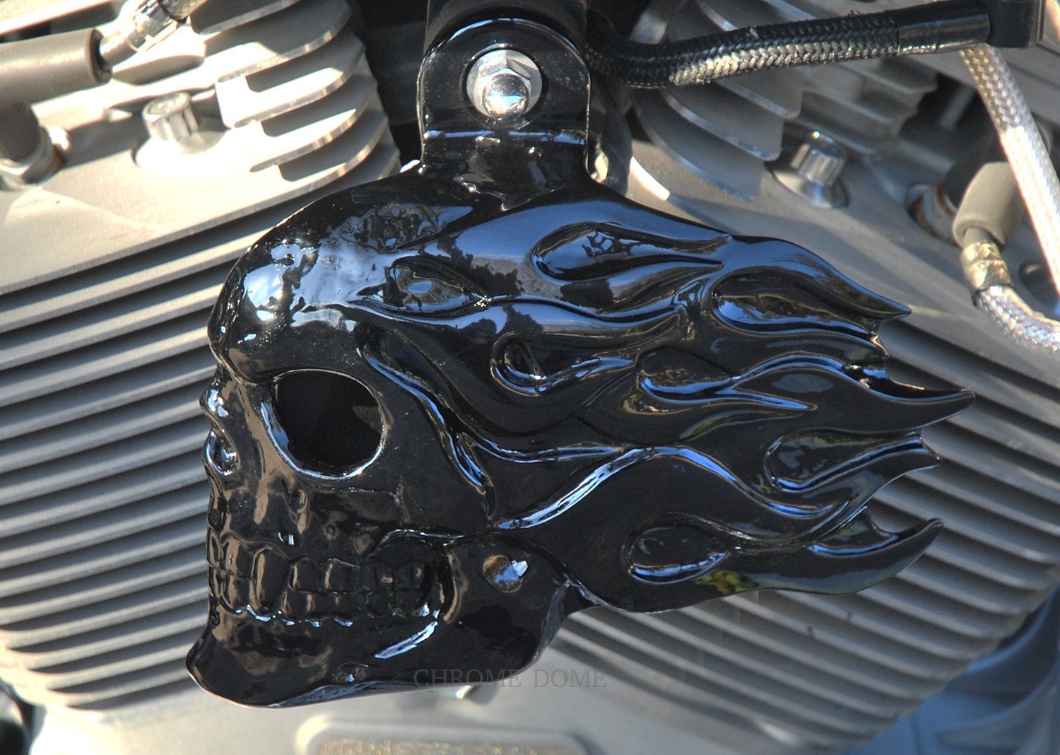 Harley Horn Cover Flaming Skull Gloss black Powder Coat finish. FSBG-2