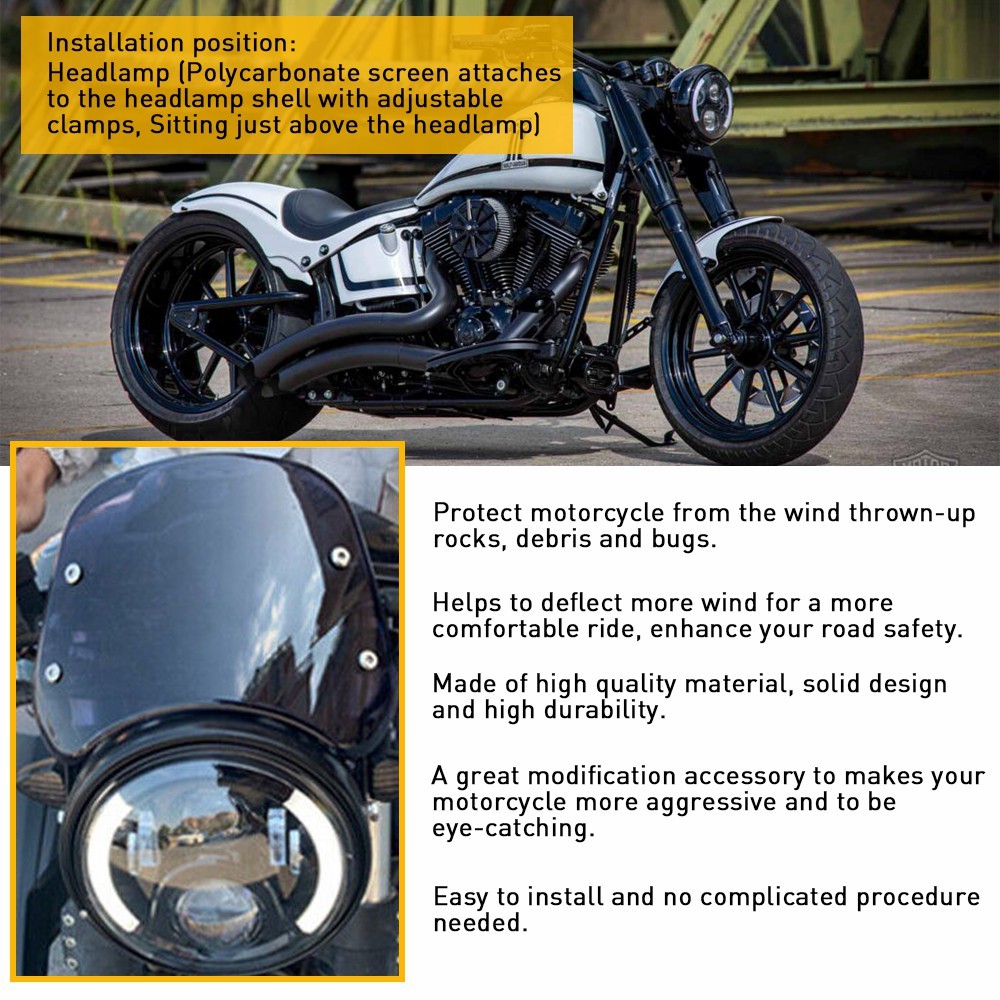 5″-7″ Round Headlight Universal Motorcycle BLACK Windshield Windscreen For Honda
