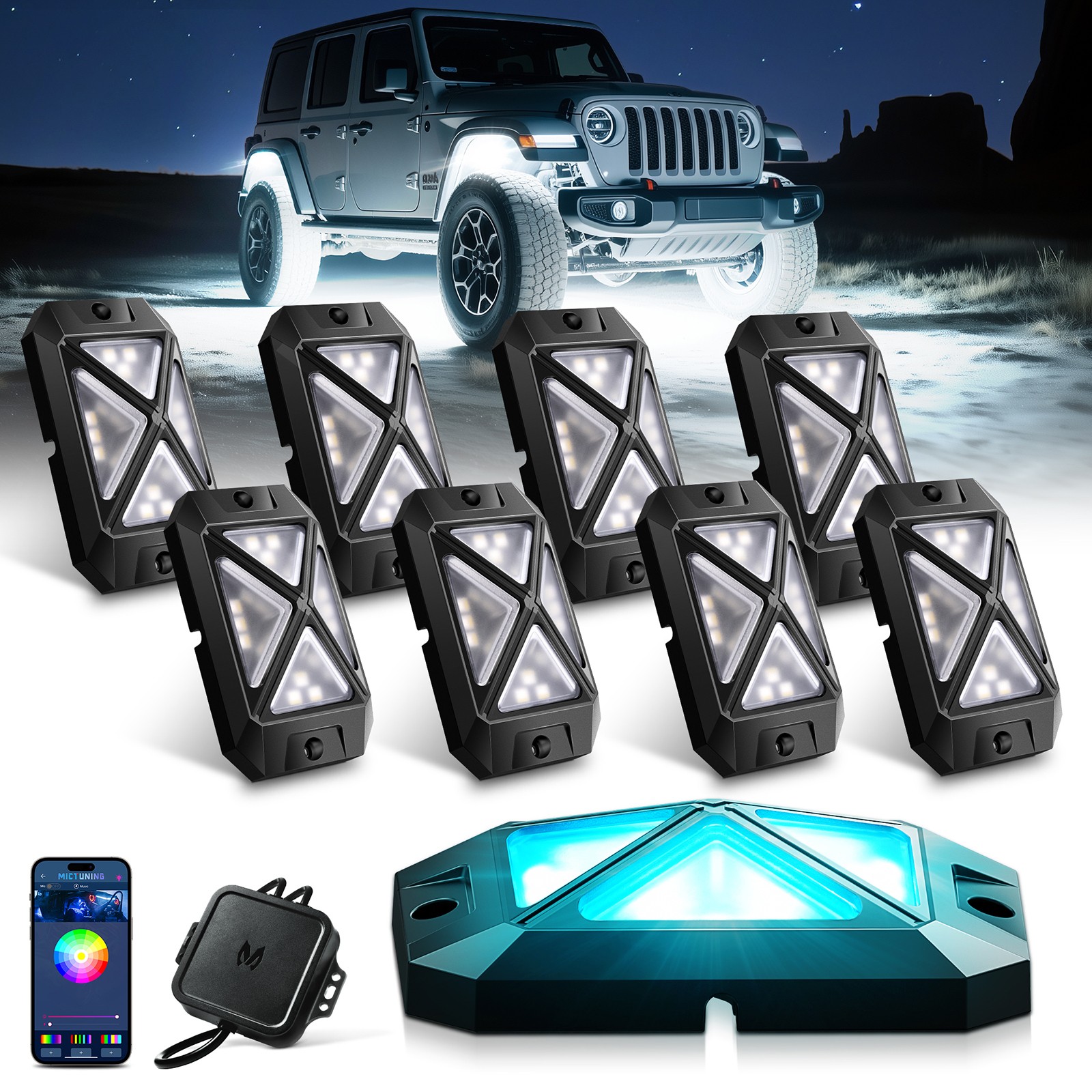 MICTUNING Latest C4 RGBW LED Rock Lights 8 pods Underglow Neon Accent Lights Kit