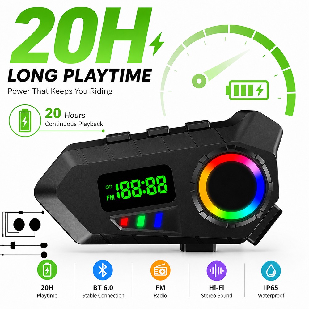 Motorcycle Helmet Intercom Bluetooth Headset LCD RGB Lights HiFi Stereo BT 6.0