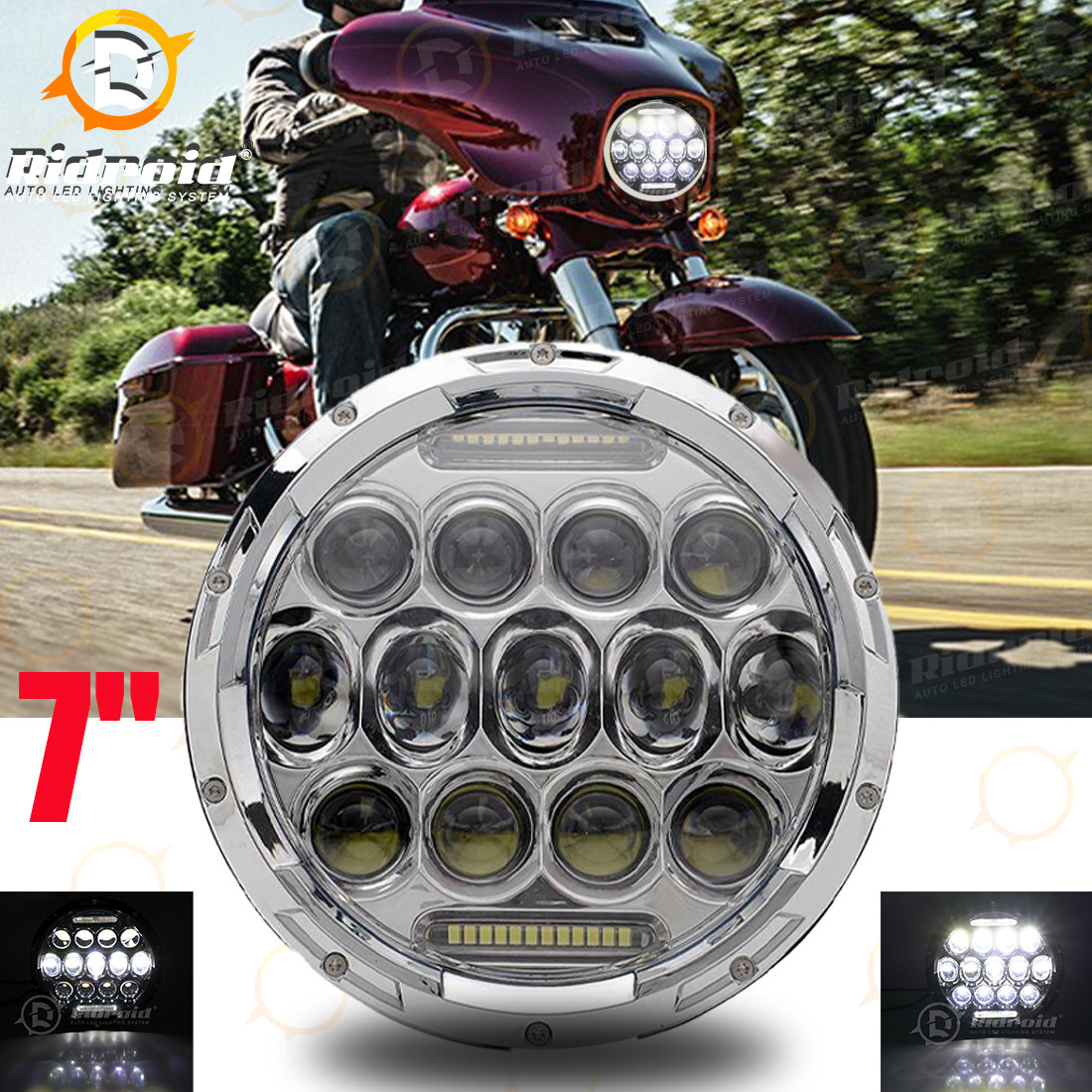 For Harley Round 7″inch LED Motorcycle Headlight Hi/Lo Beam White DRL HeadLamp