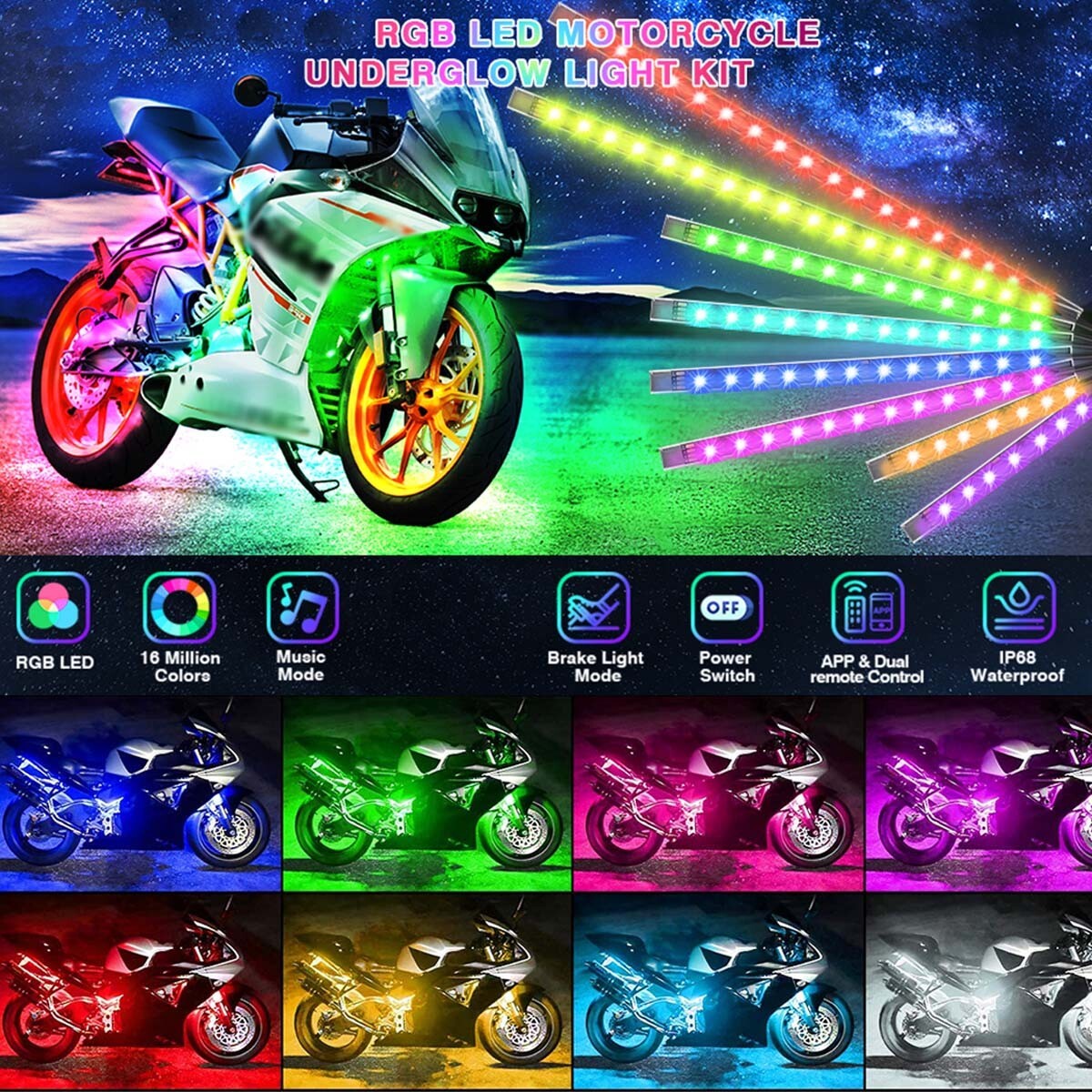 16PCS RGB bluetooth Motorcycle LED Light Accent Glow Neon Strip APP Control Kit