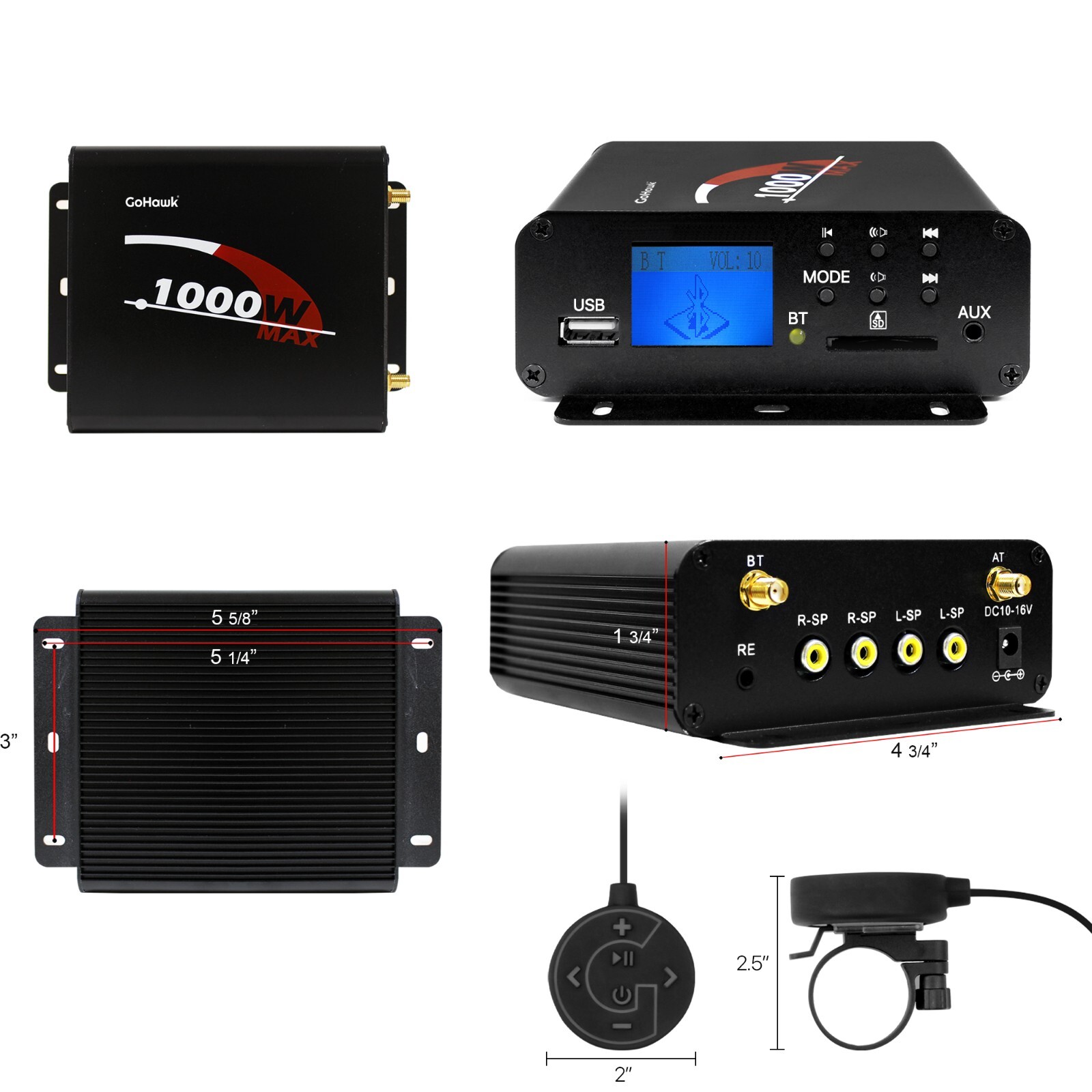 1000W Amplifier Motorcycle ATV UTV Bluetooth Audio System Radio Stereo MP3 USB