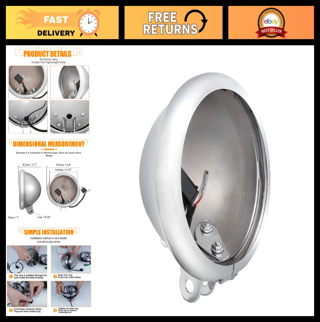 5.75″ LED Headlight Housing Bucket Trim Ring for Motorcycle – Chrome Finish