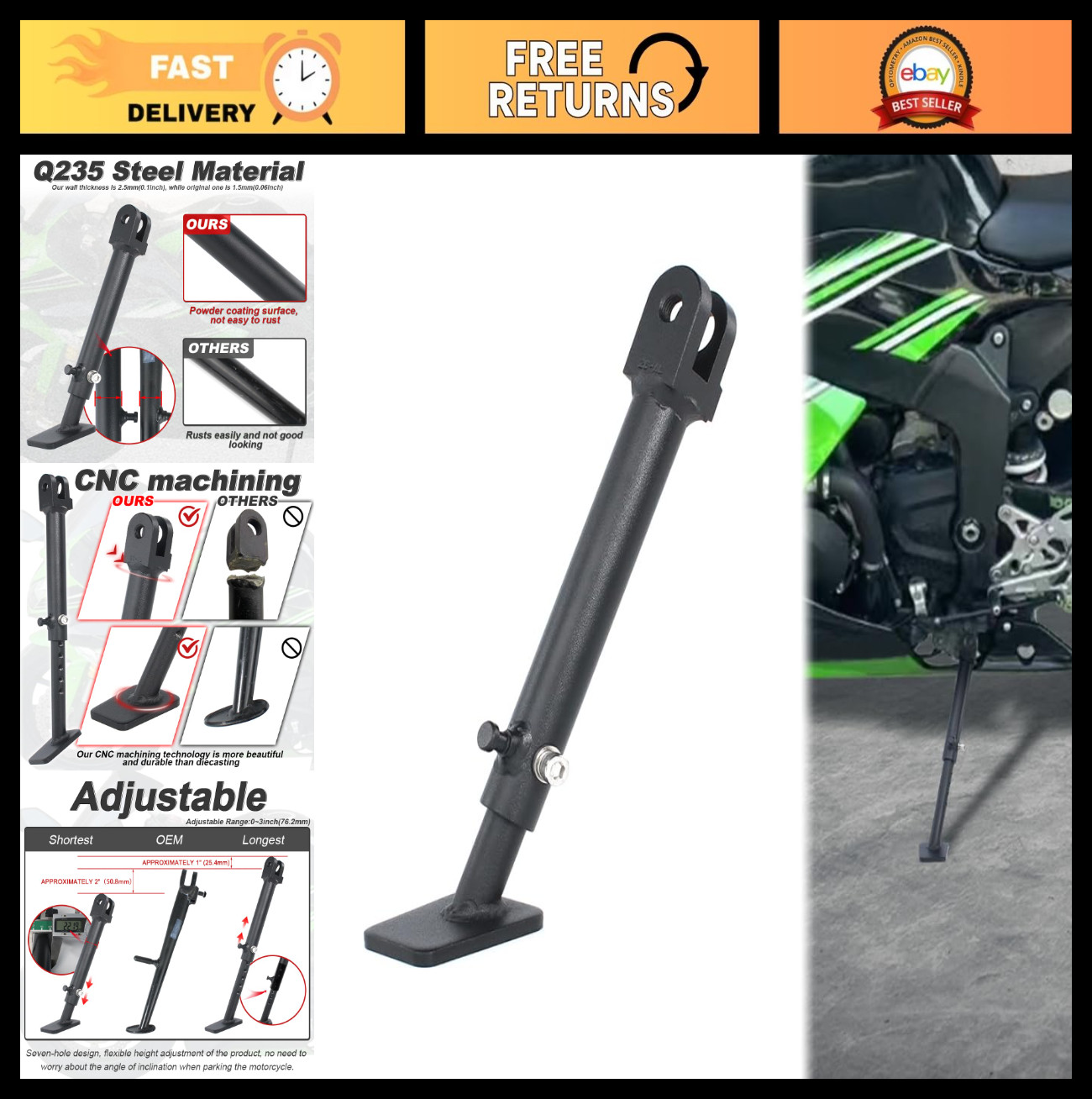 Adjustable 3-Inch Kickstand for Ninja ZX-6R 2013-2026 | Steel Side Stand