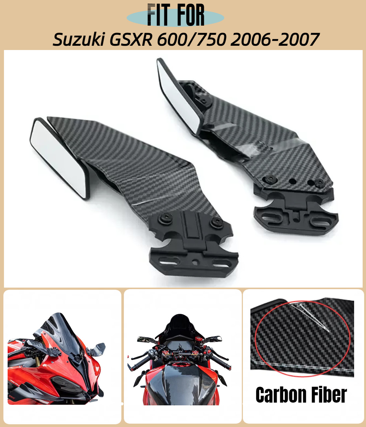 Carbon Fiber Complete Wind Wing Rearview Mirror for Suzuki 2006 2007 GSXR600/750