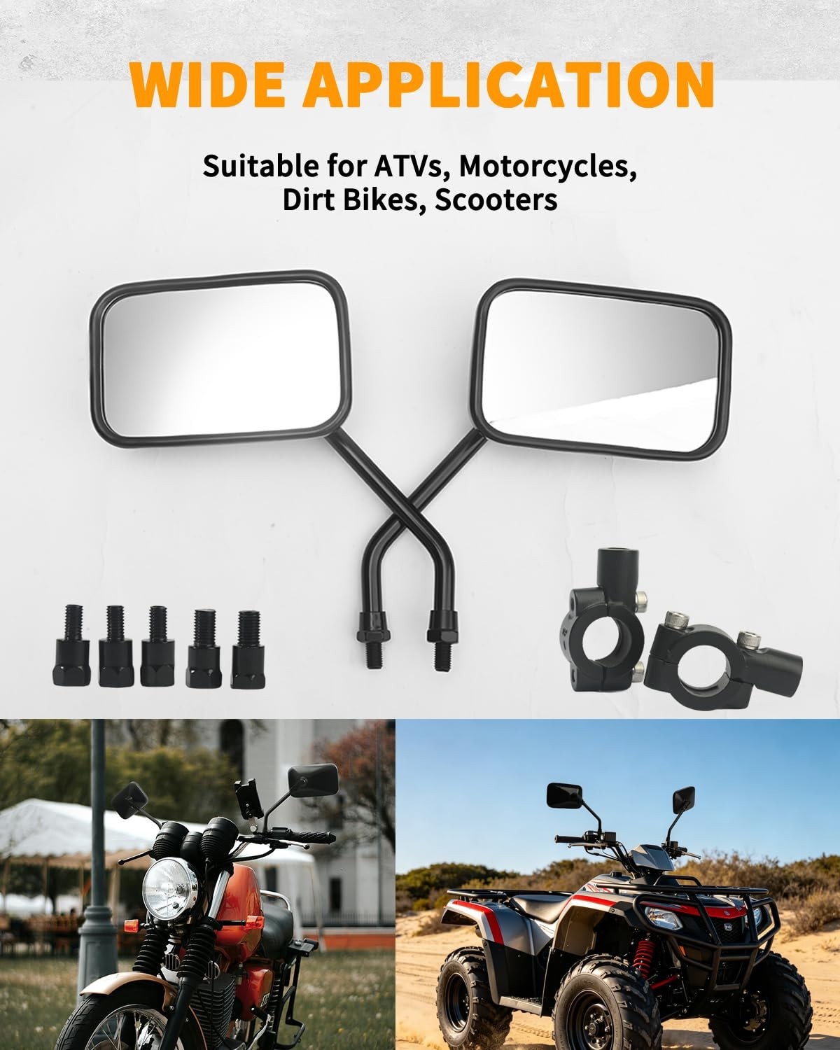 ATV & Motorcycle Handlebar Rear View Side Mirrors | 8mm 10mm Bolt, 7/8″ Clamp