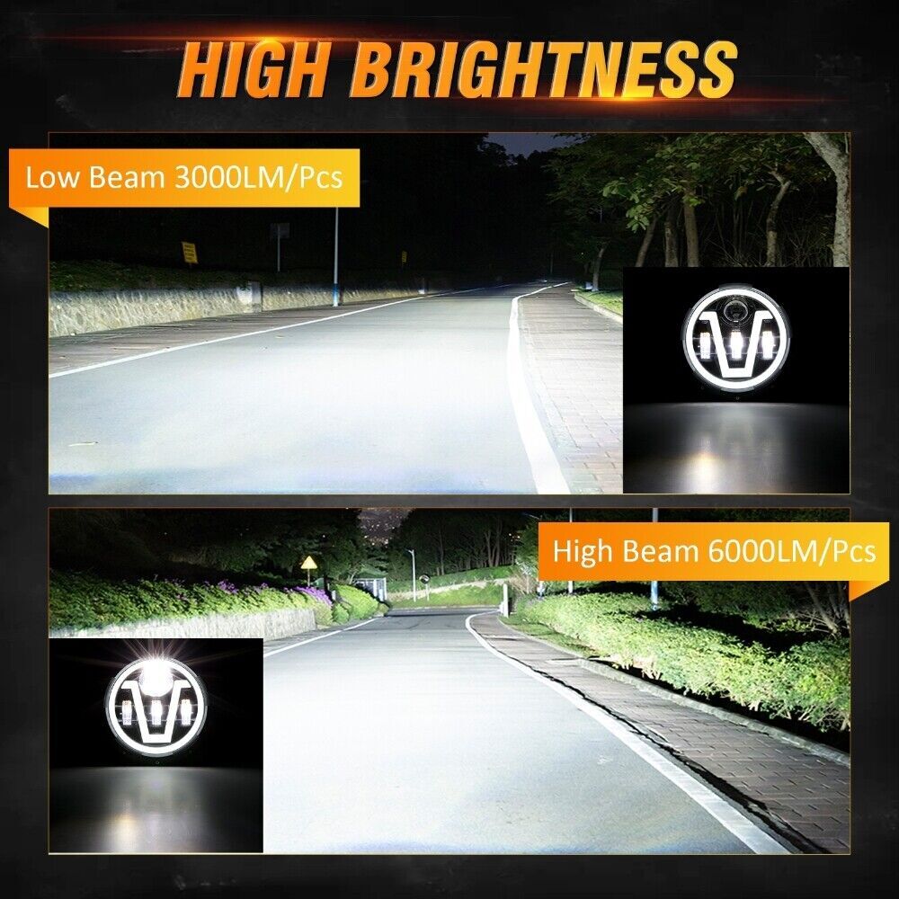 7″inch Round Motorcycle LED Headlight Hi/Lo Beam Turn Signal DRL Lamp For Harley