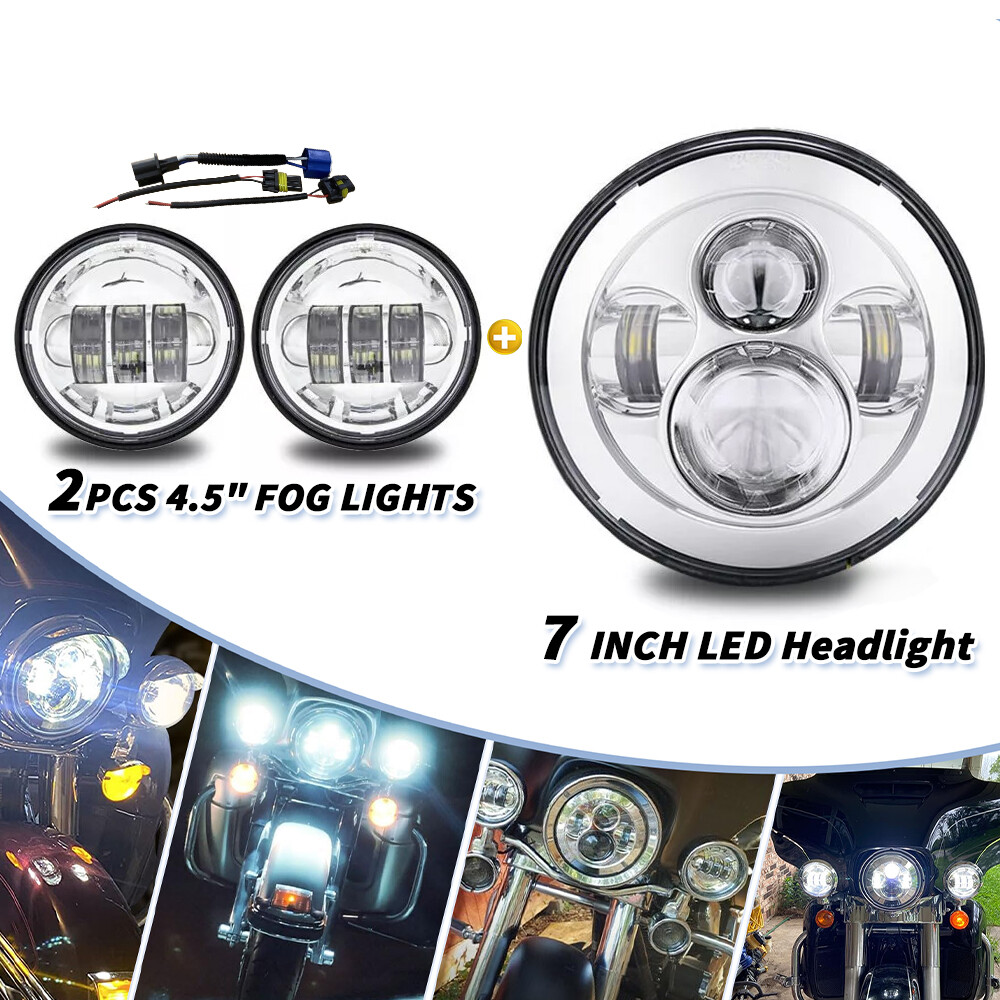 7 Inch 140W LED Headlight Hi/Lo + 2Pcs 4.5Inch 80W Fog Light for Harley Davidson