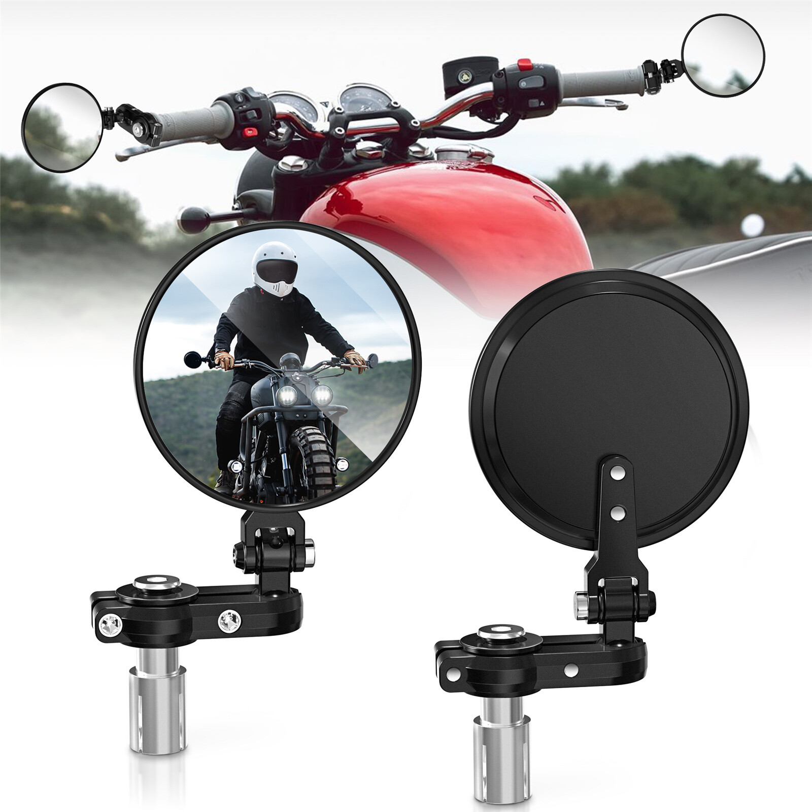 2PCS Universal Motorcycle Round 7/8″ 22mm Handle Bar End Rearview Side Mirrors