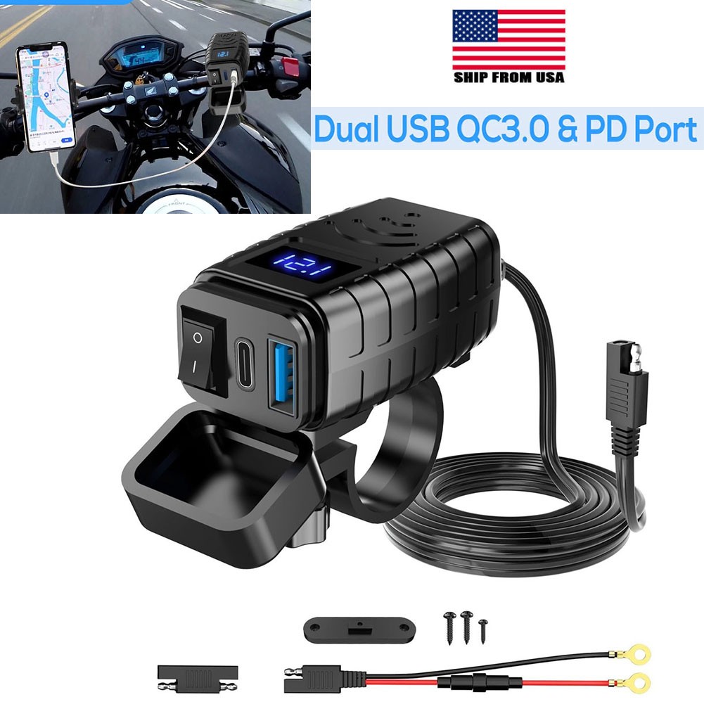 QC 3.0 Type C Motorcycle USB Charger Adapter Voltmeter ON/Off Switch Universal