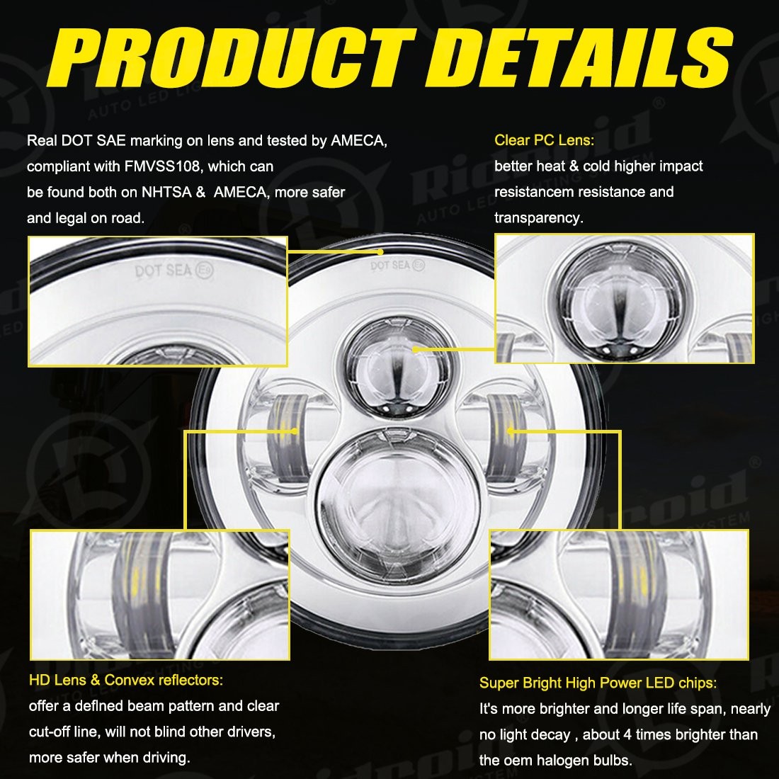 7″ inch LED Projector Headlight H4 Hi/Low Beam For Harley-Davidson Street Glide