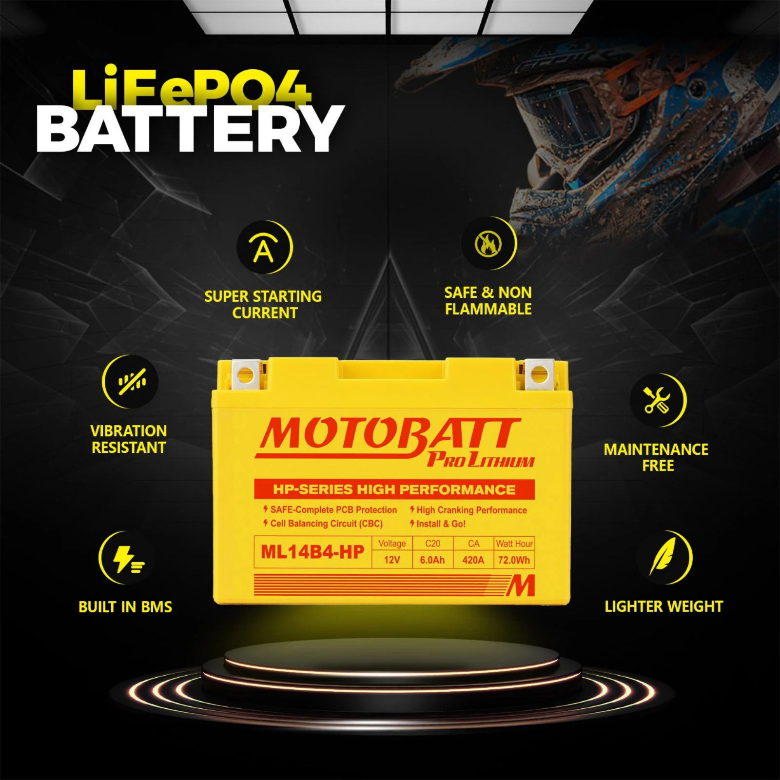Motobatt ML14B4 Lithium HP Replaces Yuasa YT12BBS YT12B4 YT14B4 YT14B-BS