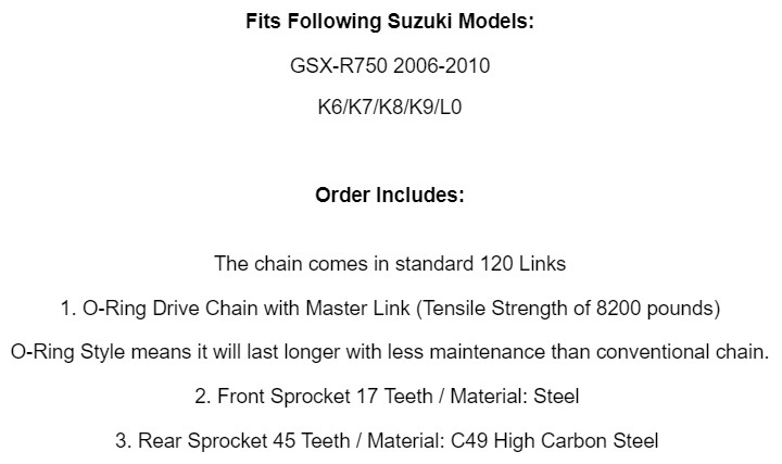 Golden O-Ring Drive Chain & Sprockets Kit for Suzuki GSX-R750 GSXR750 2006-2010