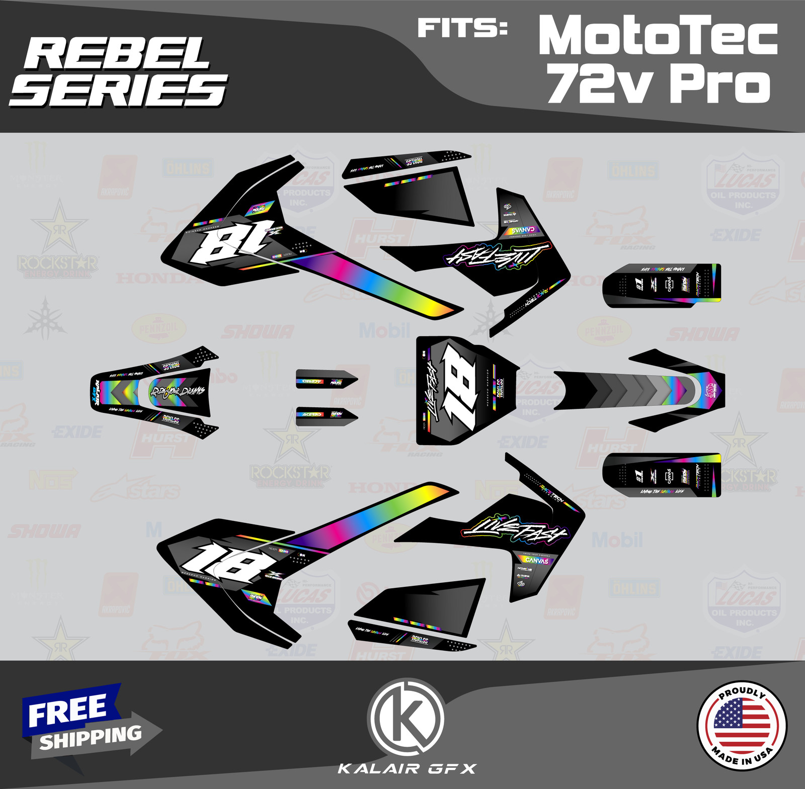 Graphics Kit for MotoTec Pro 72v (All Years) Rebel Series – RAINBOW