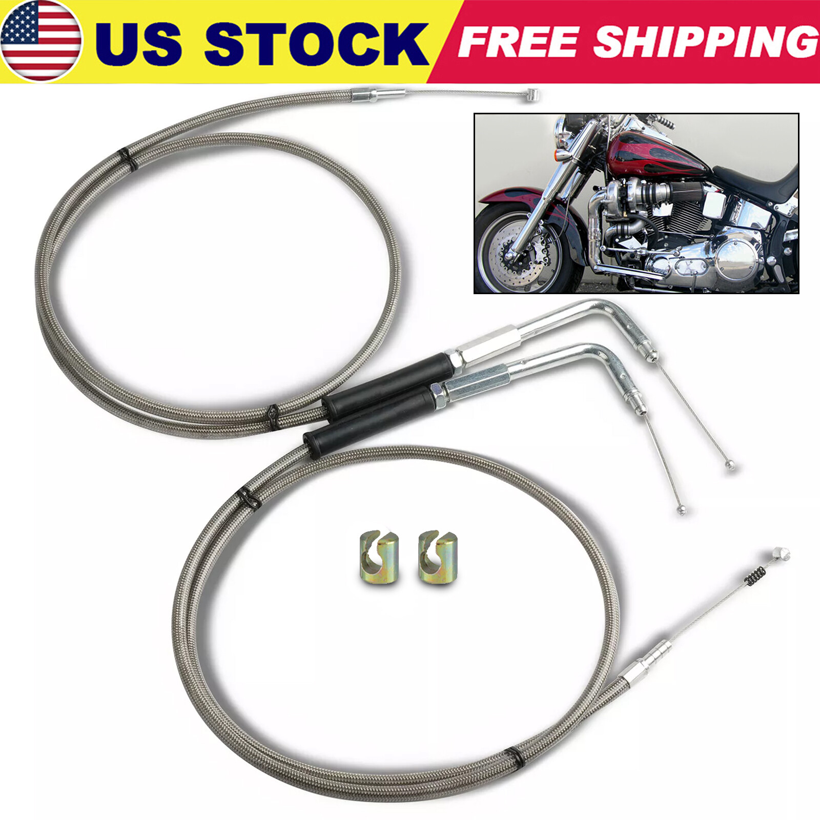 42″ Stainless Steel Throttle and Idle Cable Set For Harley Davidson 56579-02A