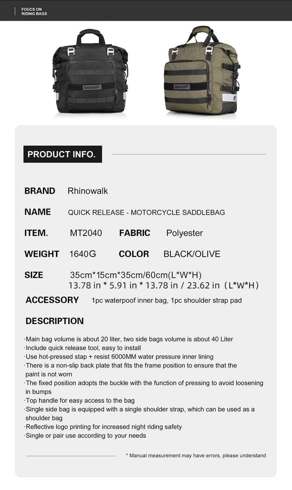 Rhinowalk motorcycle side bags 20L Waterproof Saddle Pannier Quick Release Black