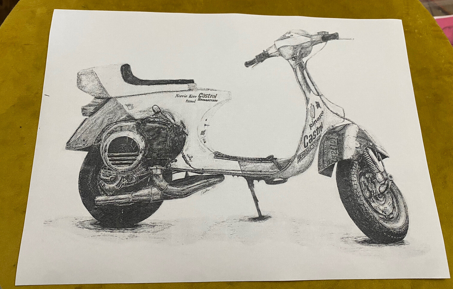 VESPA P200E A4 INK DRAWING PRINT PINASCO STREET RACER 225