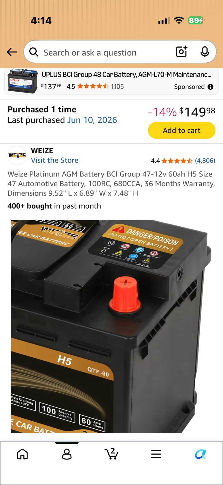 Weize Platinum AGM Battery BCI Group 47-12v 60ah H5 Size 47 Automotive Battery