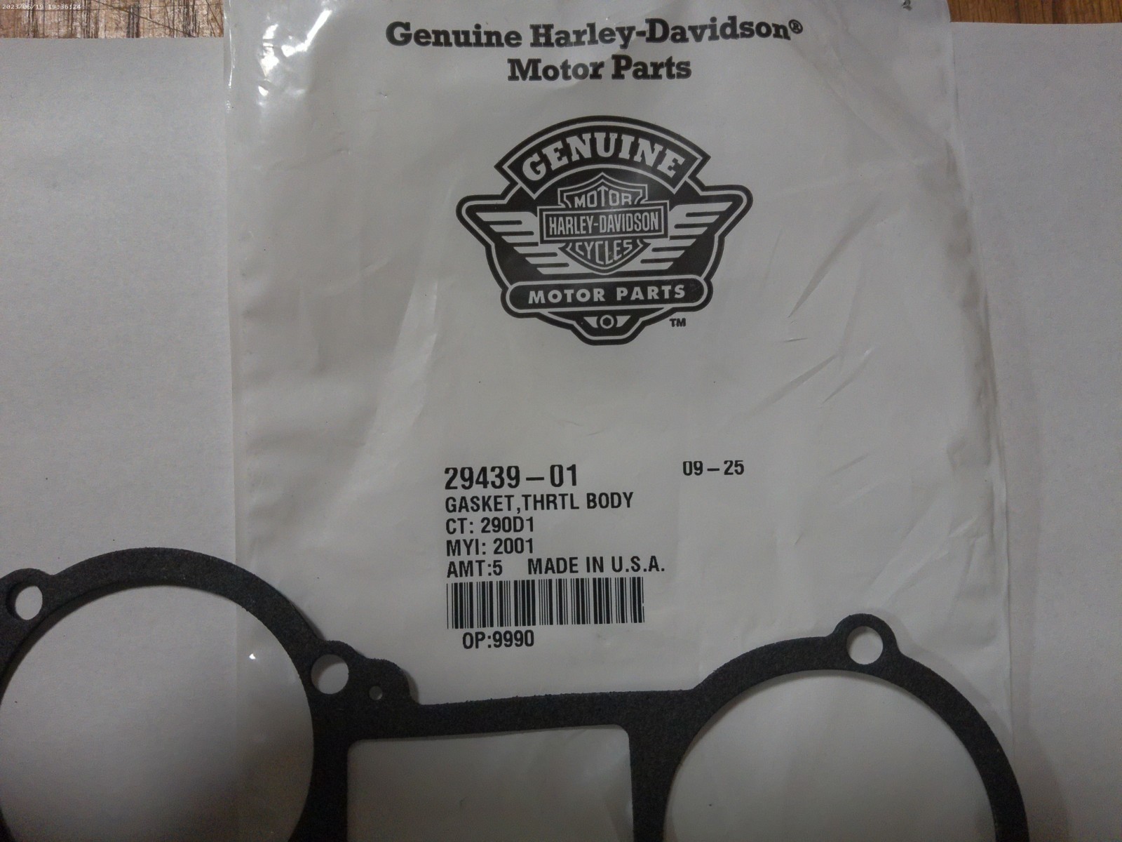 NOS Genuine Harley Davidson Gasket: Throttle Body OEM 29439-01 (GAK2S)