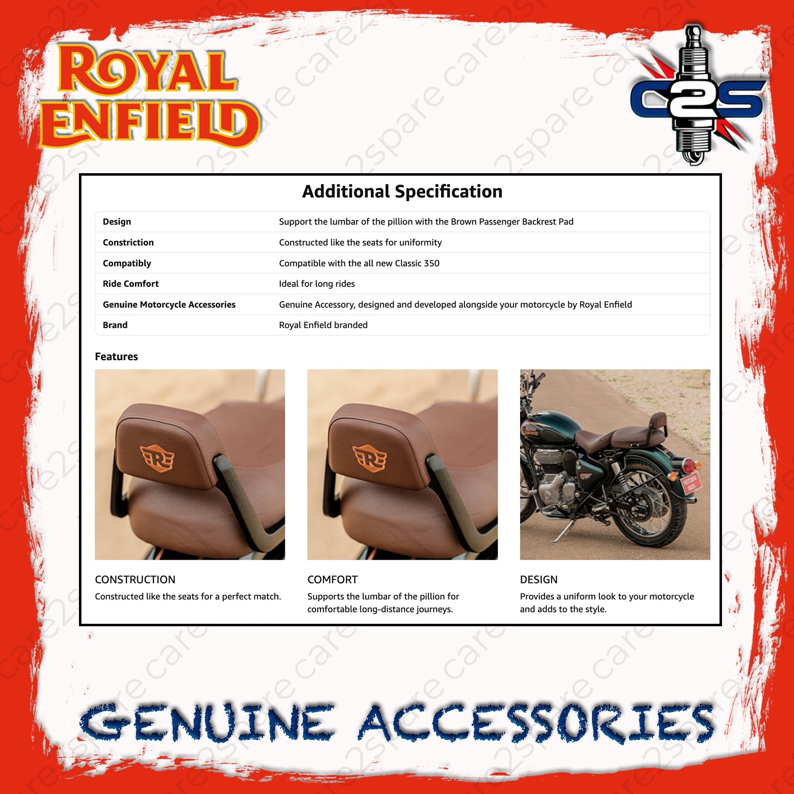 Brown Passenger Backrest Pad with Mounts for Royal Enfield Classic Reborn 350