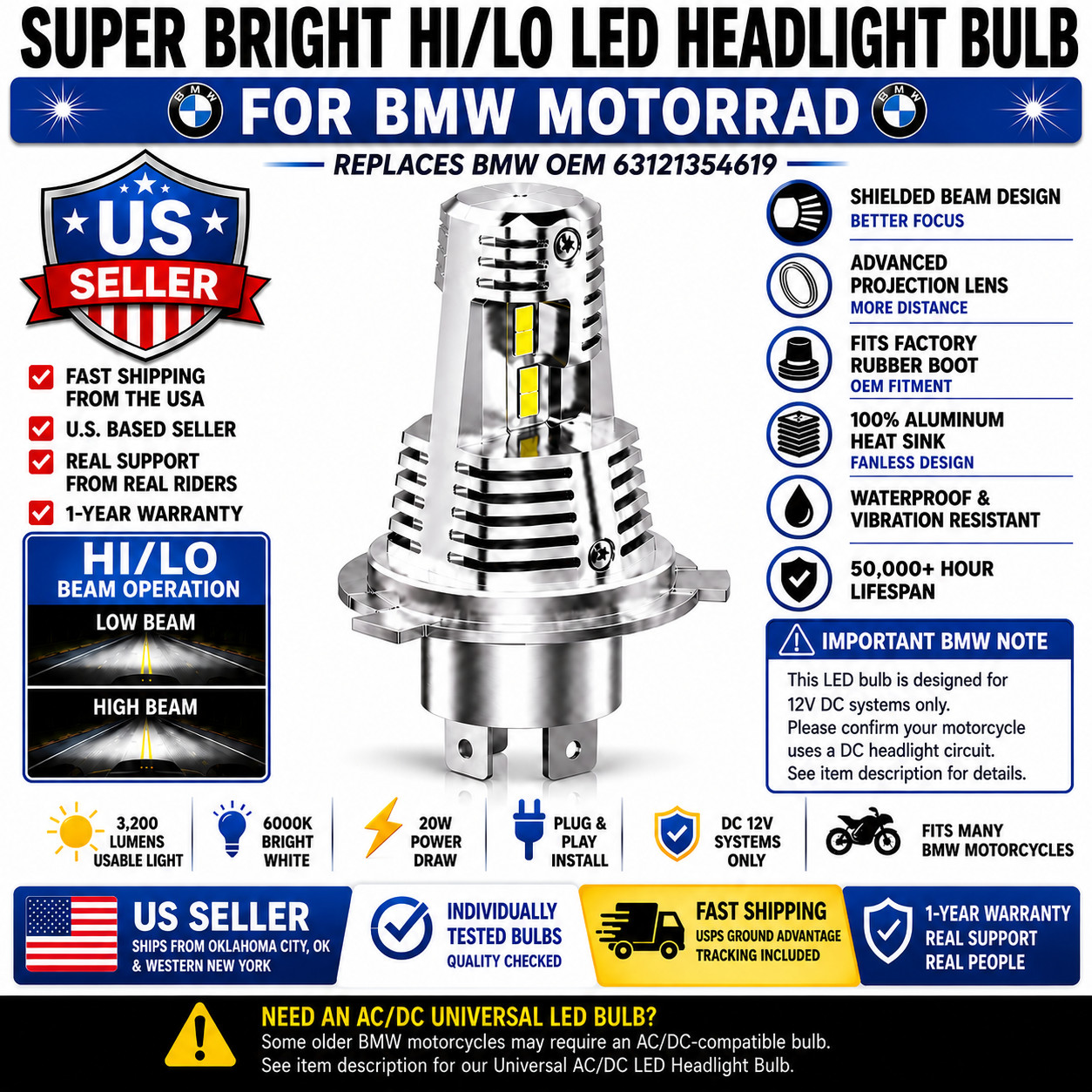 💡Super High/Low LED Headlight Bulb Replaces BMW Motorrad 63121354619 12v 55/60w