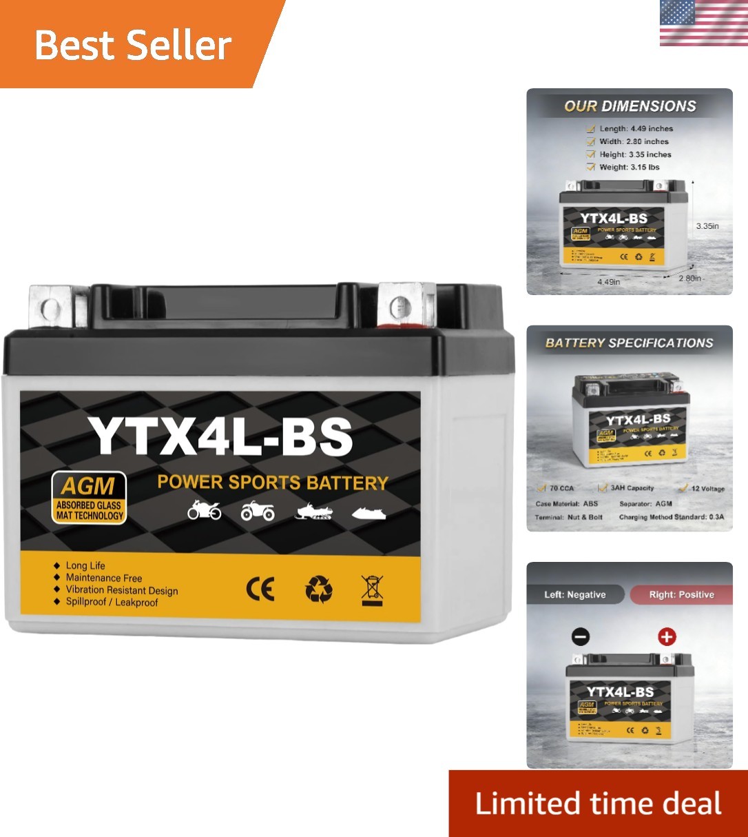 12V Sealed AGM Battery 3Ah with 70 CCA – Perfect Replacement for Powersports