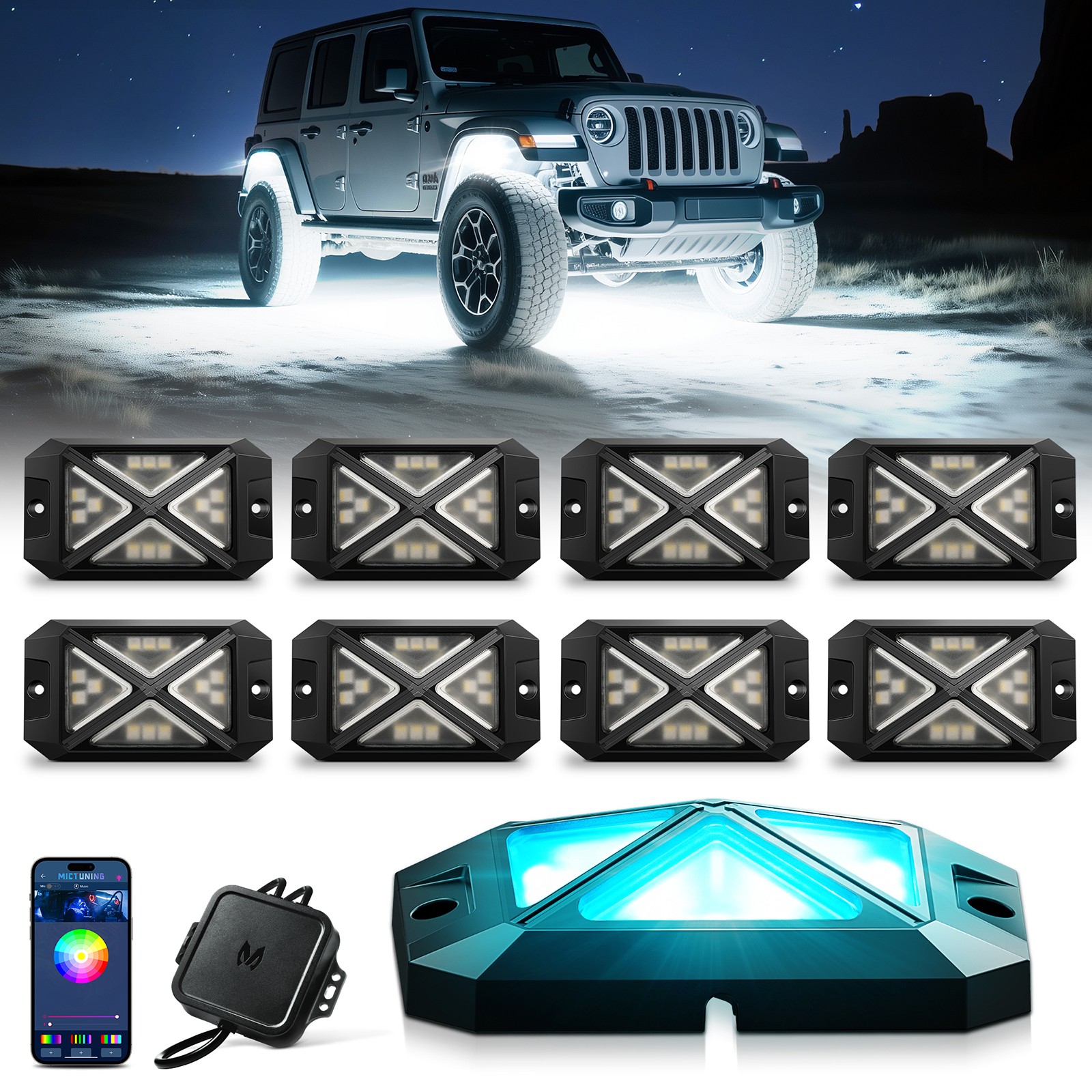 MICTUNING 8 Pods C4 RGBW LED Rock Lights – Underglow Neon Accent Lighting Kit US