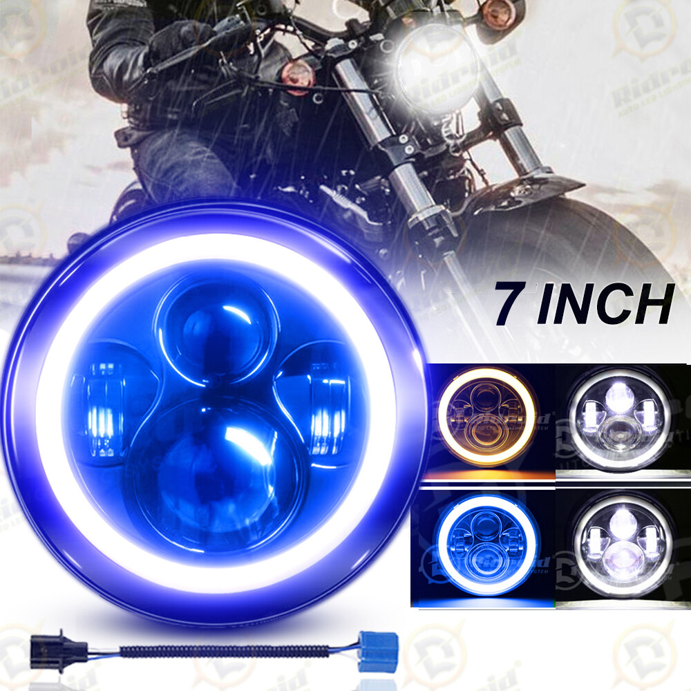 7″ inch LED Motorcycle Headlight Projector Blue Halo DRL Angel Eyes For Harley
