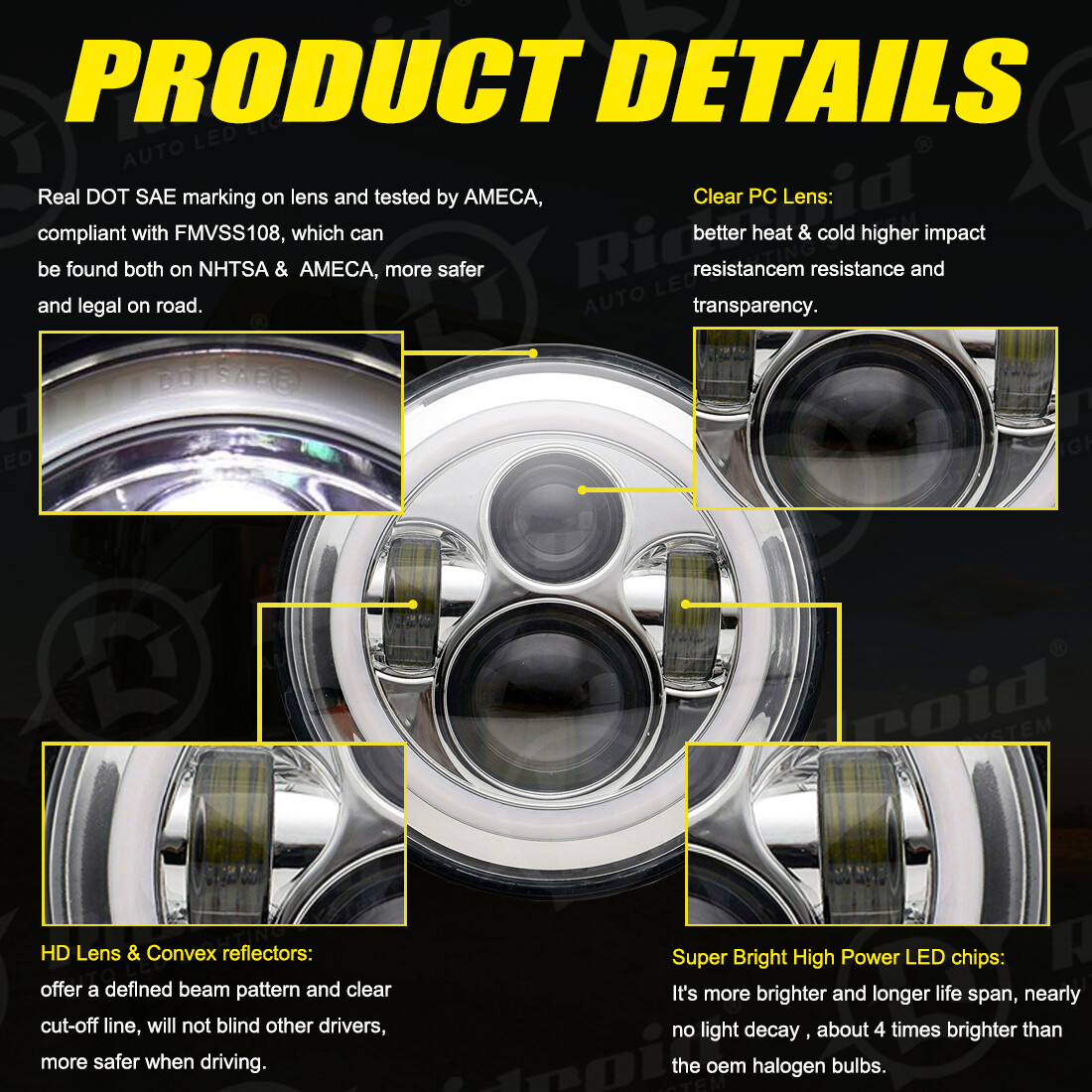 Chrome 7″ inch LED Headlight Projector with Halo DRL for Honda CB550 Cafe Racer