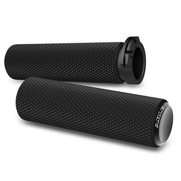 Arlen Ness Fusion Black Knurled Hand Grips Harley Dual Cable Throttle 76-Up