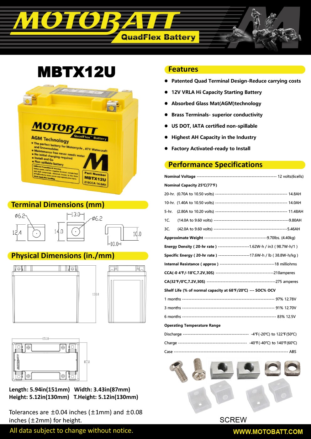 MotoBatt AGM Battery 2004-09 fits Harley Davidson XL XLH Sportster 1200