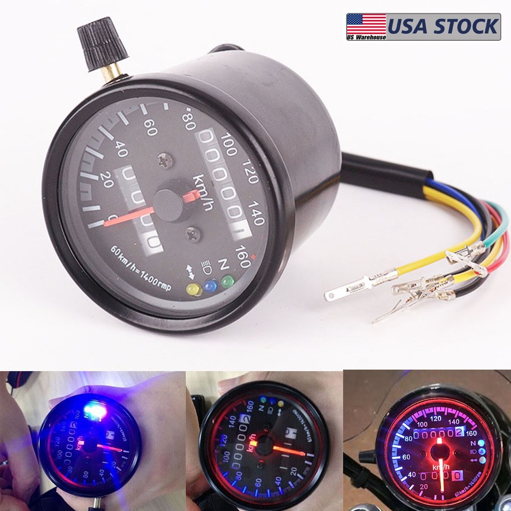 Universal LED Black Motorcycle Odometer Speedometer Gauge Kit 12V 0-160 km/h