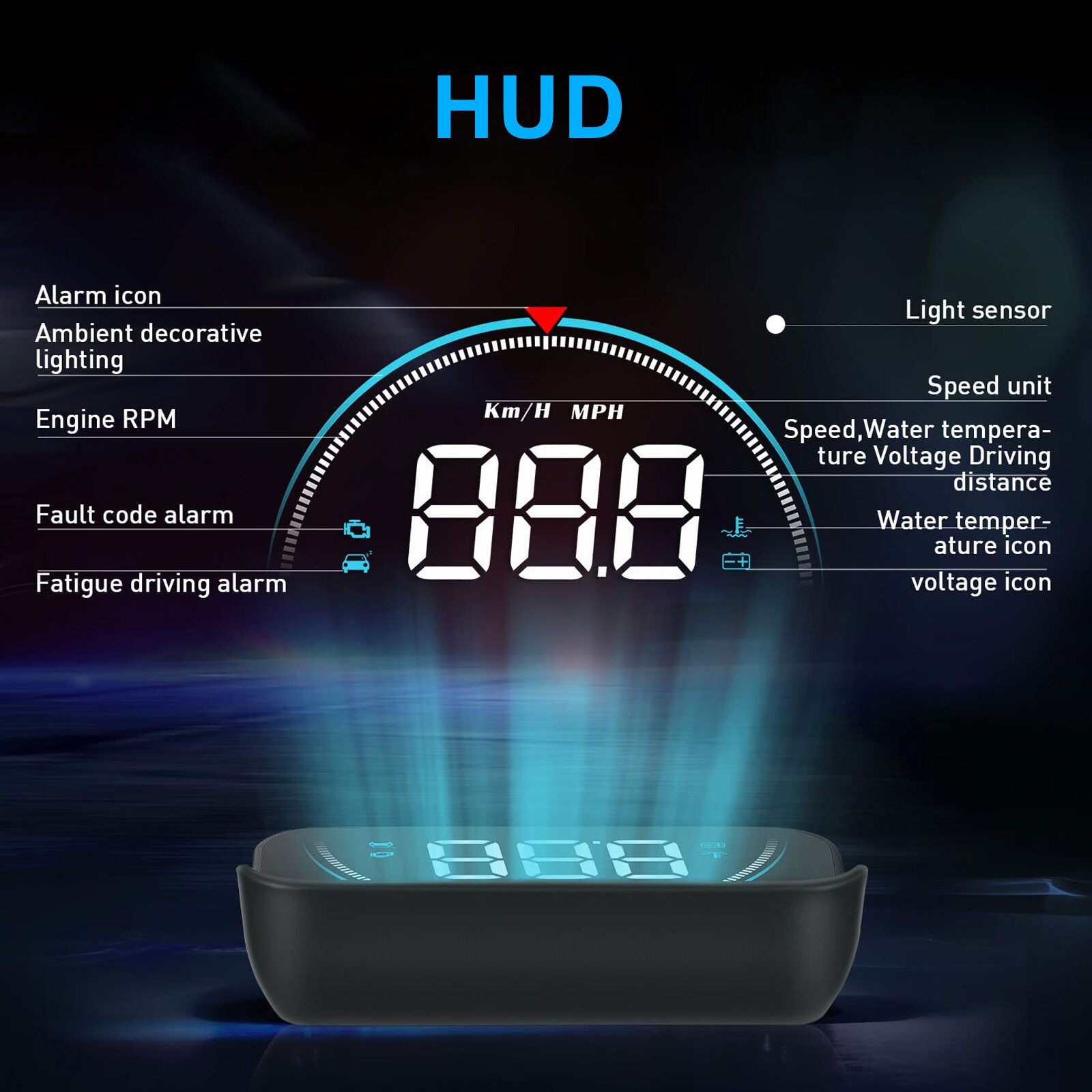 Car Head Up Display Gauge Speedometer HUD OBD2 MPH KMH Water Temp Voltage Alarm