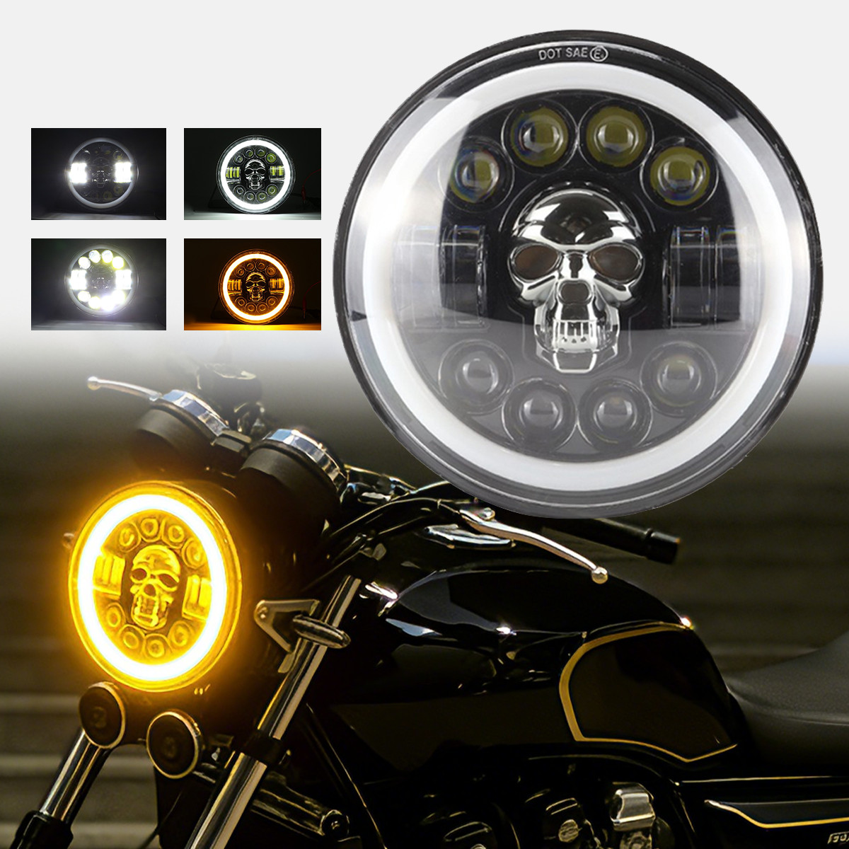 Motorcycle 7 Inch Skull Halo Headlight with High Low Beam Multi-Color Flashing