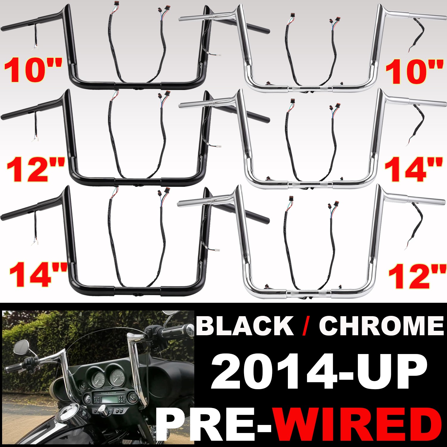 Black Chrome Bar 10″ 12″ 14″ Pre-Wired Handlebar For Harley Street Electra Glide
