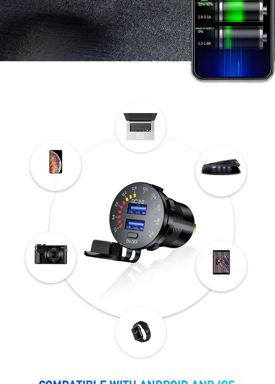 12V/24V Motorcycle Phone Charger Socket USB Ports Fast Charging W/LED Voltmeter