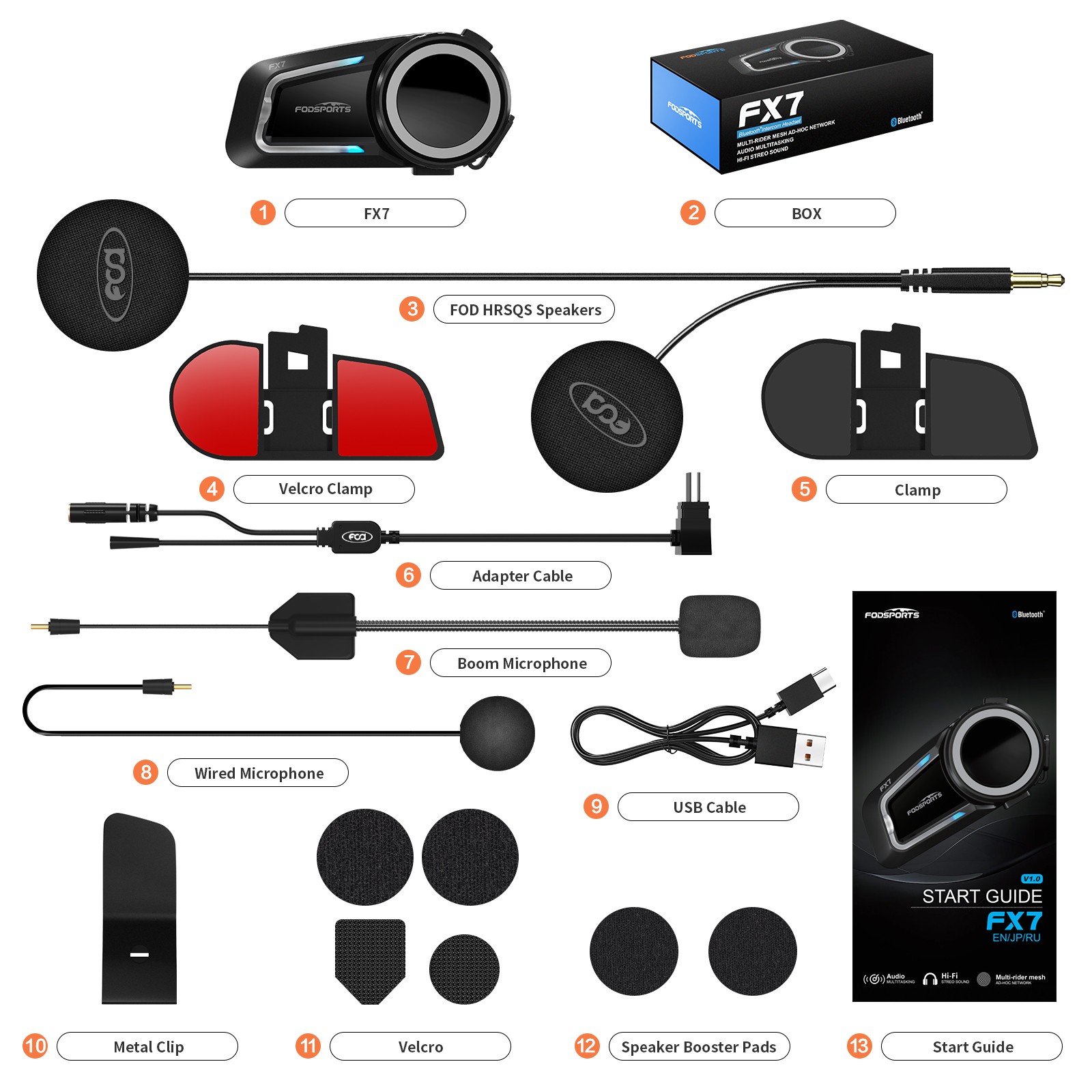 2x FX7 Motorcycle Intercom Helmet Headset Bluetooth 2000m 10-way Communication