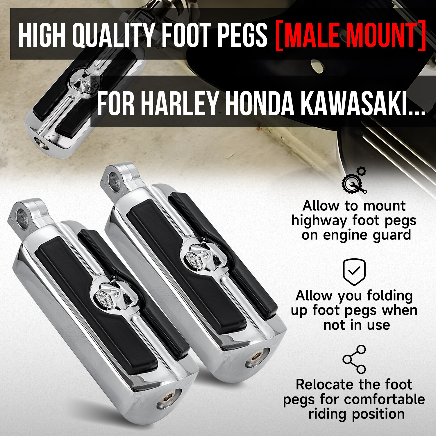 2X Foot Pegs Pedal Pad Footrest For Harley Softail Touring Suzuki Male Peg Mount