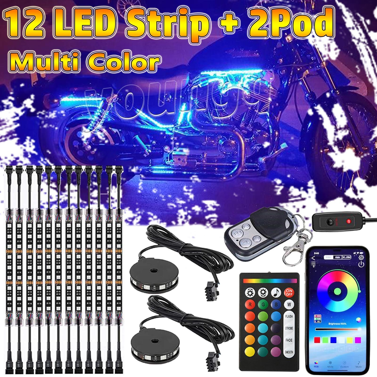 14X Motorcycle bluetooth APP LED Light Underglow Underbody Neon Accent Strip Kit