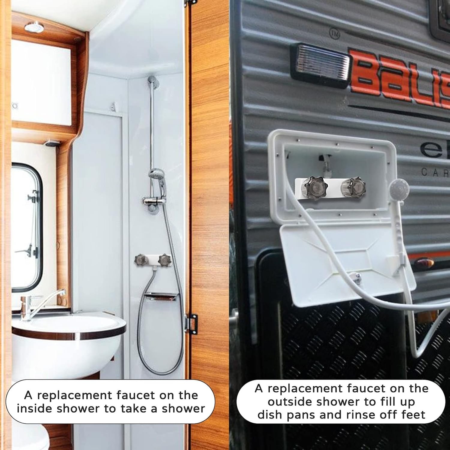 RV Shower Faucet Valve Diverter Dual Smoked Acrylic Knobs Outside and Inside Bat
