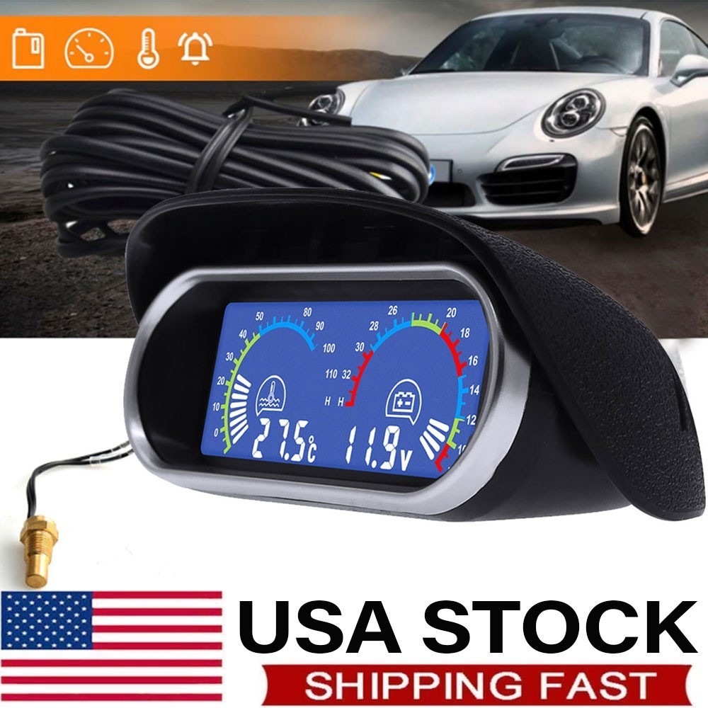 2-In-1 Car Water Temp Temperature Gauge LCD Digital Voltmeter Alarm W-Sensor 1/8