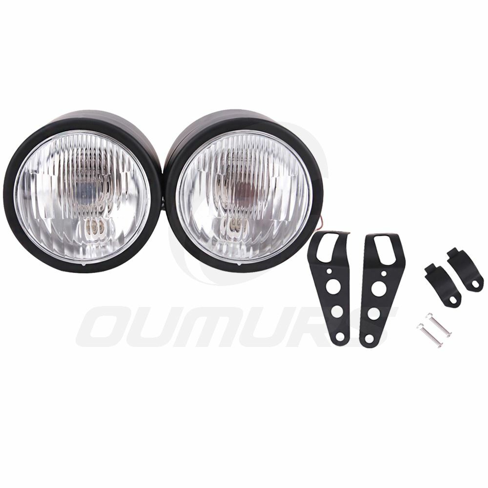 Black Twin Headlight Motorcycle Double Dual Lamp Street Fighter Universal